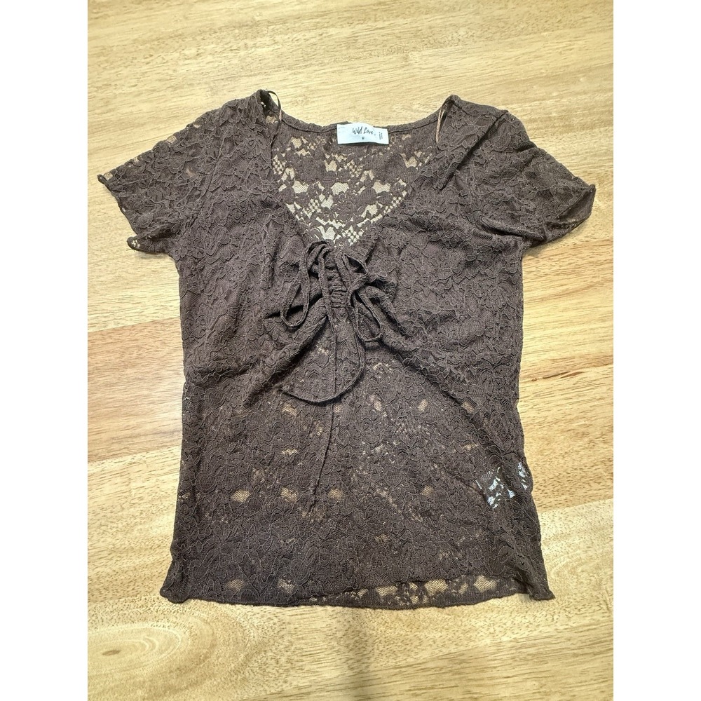 Lace Top Gathered Tie Front Brown Medium Sheer Ruched Boho Festival Y2K Romantic